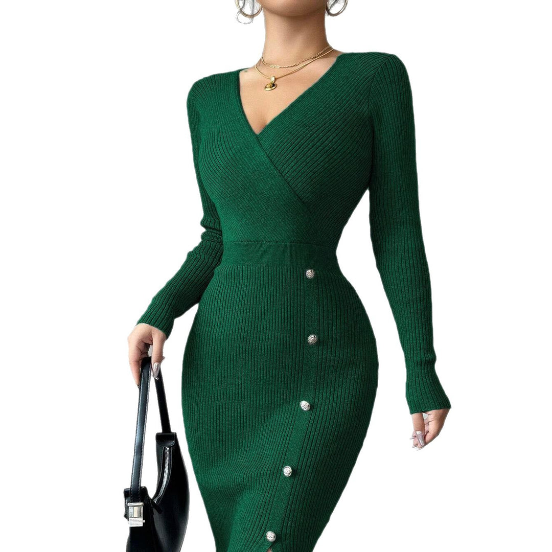 Damen Strickkleid mit Wickeloptik und eleganten Knopfdetails EB
