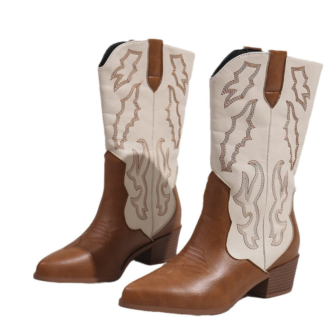Damen nan Cowboystiefel im Westernstil mit mittelhohem Blockabsatz spitzer Zehenkappe und dekorativer Stickerei EB