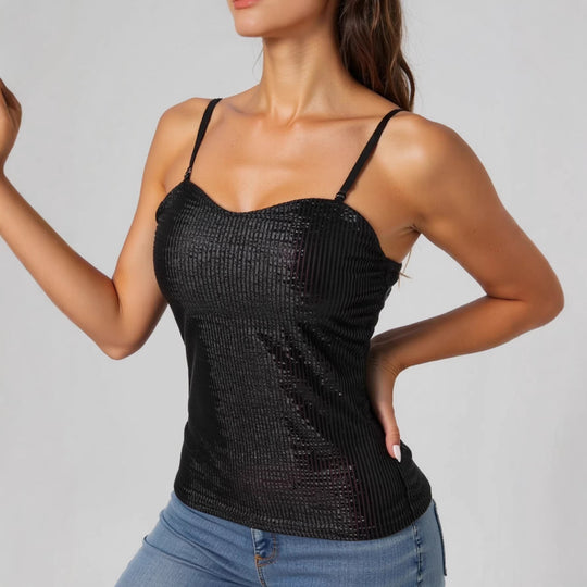 Damen elegantes Spaghettiträgershirt mit luxuriösem Paillettenbesatz und feinem Rippstrick EB