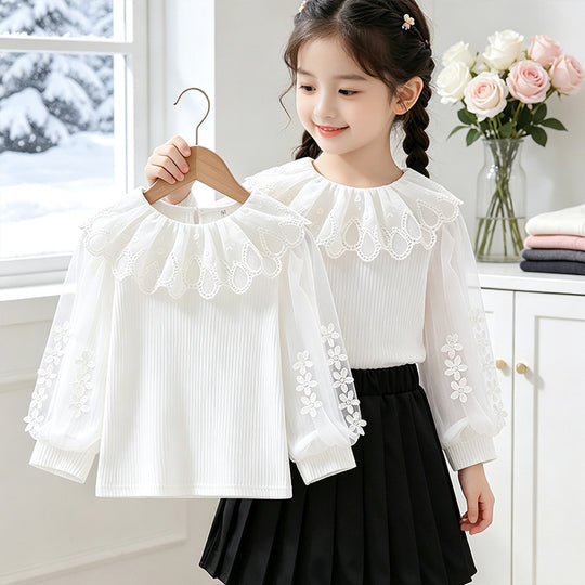 Mädchen Bluse mit romantischem Spitzenkragen und transparenten Puffärmeln EB