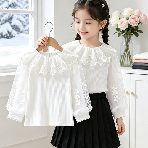Mädchen Bluse mit romantischem Spitzenkragen und transparenten Puffärmeln EB