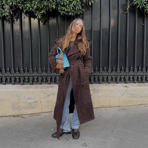Damen Edler Suede-Trenchcoat mit breitem Kragen und praktischen Taschen EB