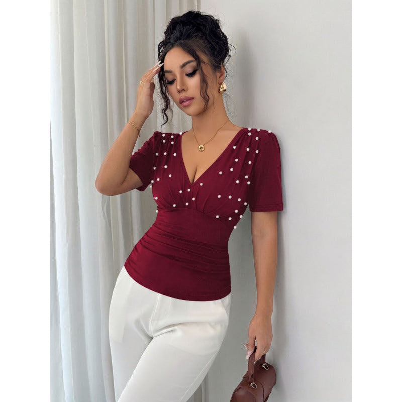 Damen elegante Bluse mit Perlen-Detail EB