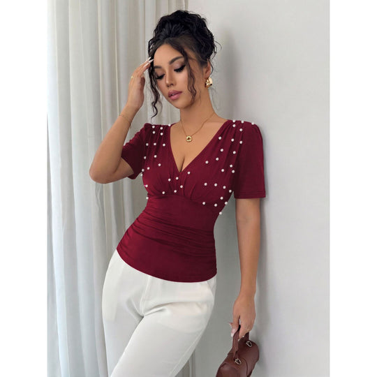 Damen elegante Bluse mit Perlen-Detail EB