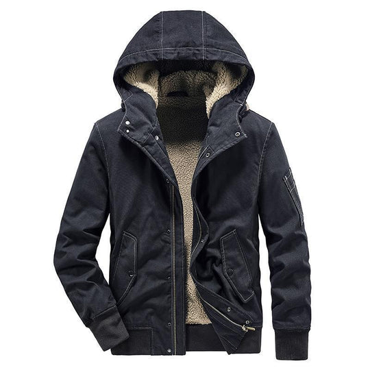 Herren Canvas-Kapuzenjacke mit Sherpa-Innenfutter, Utility-Taschen und Rippbündchen EB