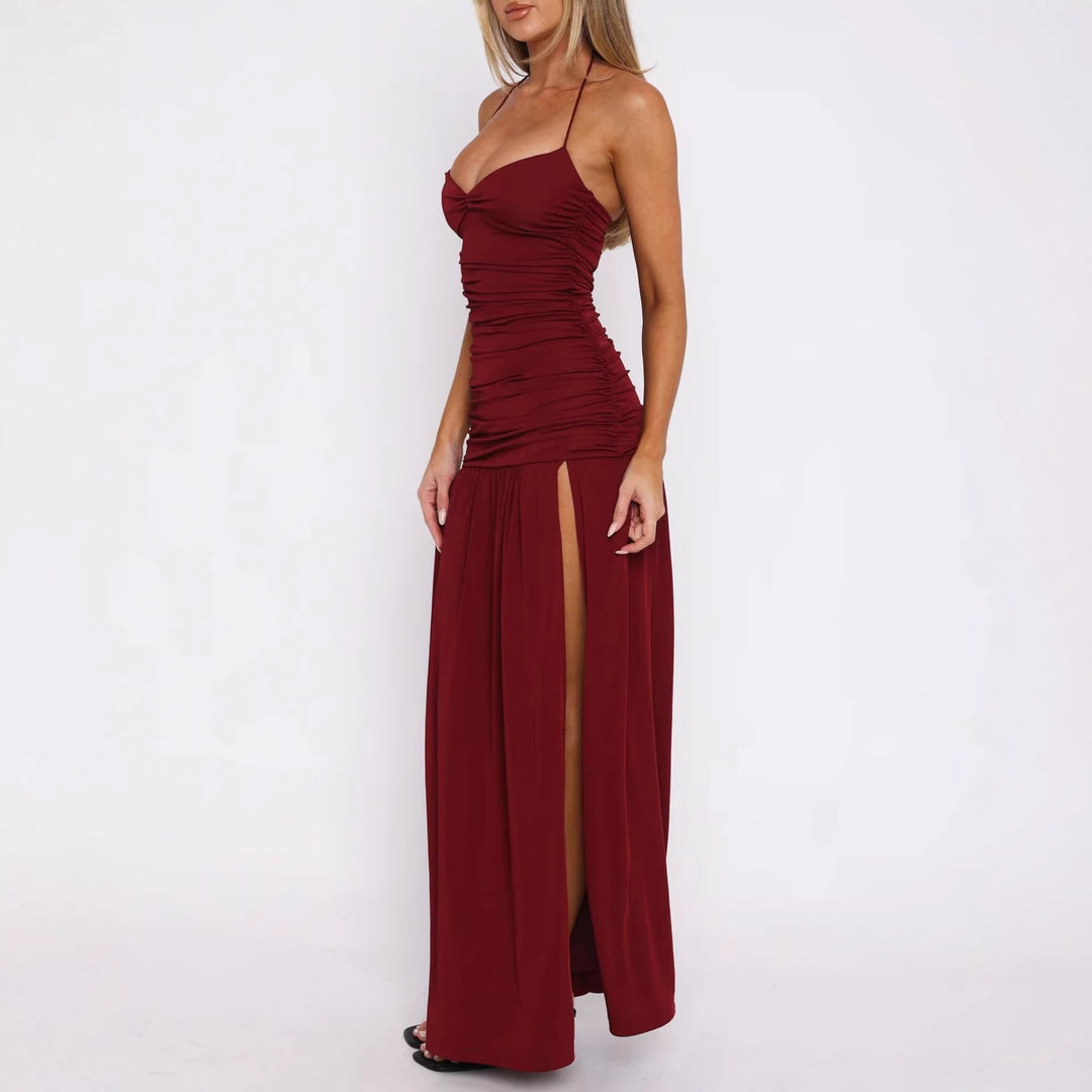 Damen Maxikleid mit raffinierten Rüschen und hohem Schlitz EB