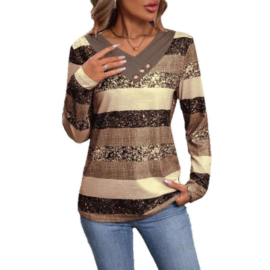 Damen Langarmshirt mit V-Ausschnitt, strukturierter Streifenoptik und Zierknopfleiste EB