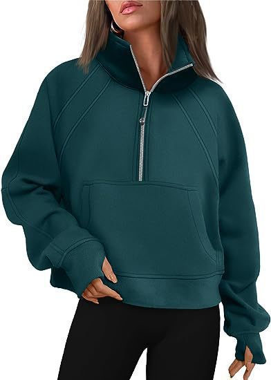 Damen nan weit geschnittenes Kurzpullover mit Stehkragen, halbem Reißverschluss und Kängurutasche EB