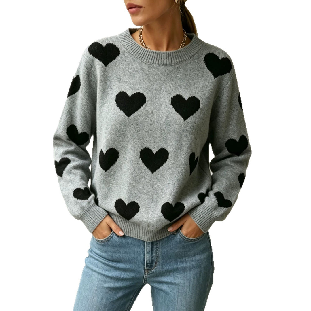 Damen Herz-Intarsien Rundhalspullover mit lässiger Oversize-Passform EB