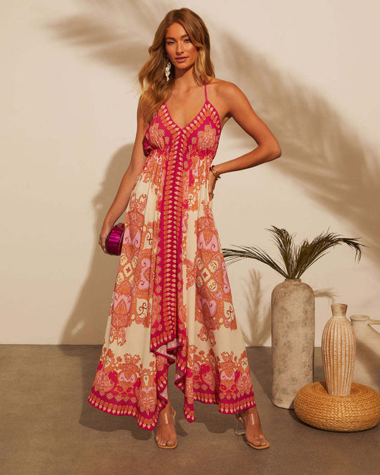 Damen Maxikleid mit trendigem Halterneck und künstlerischem Muster EB