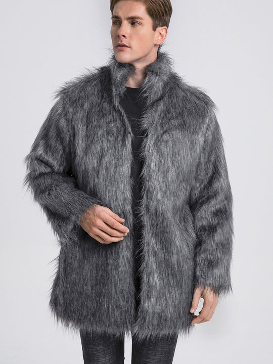 Herren Eleganter Kunstfell-Mantel mit weitem Kragen EB