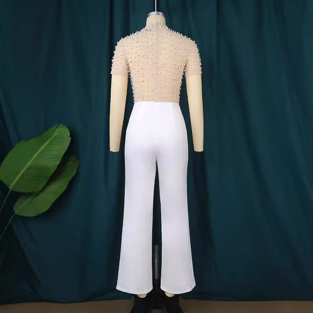 Damen eleganter Jumpsuit mit glitzernden Perlenakzenten EB