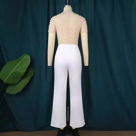 Damen eleganter Jumpsuit mit schimmerndem Perlen-Besatz EB