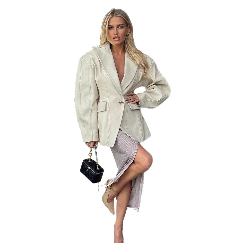 Damen Elegante Kunstleder Blazerjacke mit strukturiertem Design EB