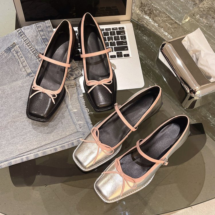 Damen elegante Ballerinas mit dekorativem Riemchen und modischem Blockabsatz EB
