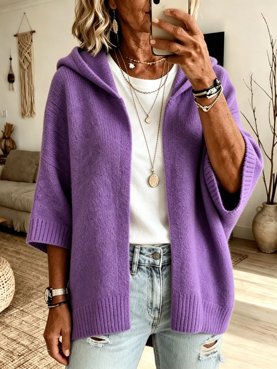 Damen Kapuzen-Longcardigan aus grobem Strick mit 3/4-Ärmeln und offener Front EB