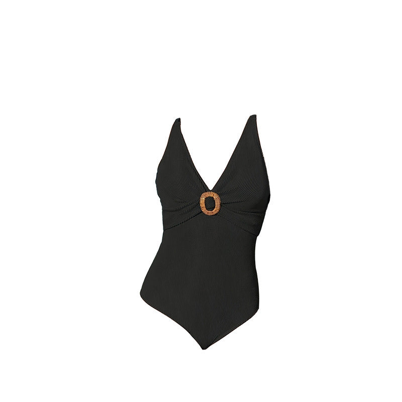 Damen Einteiler Badeanzug mit elegantem V-Ausschnitt und dekorativem Ring EB
