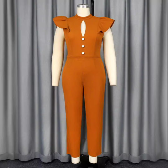 Damen eleganter Jumpsuit mit Rüschärmeln und dekorativen Knöpfen EB