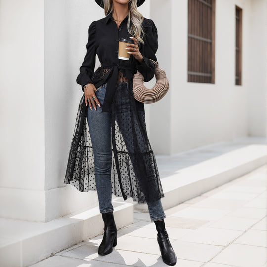 Damen elegantes Maxikleid mit transparenter Überlagerung und taillierbarem Gürtel EB