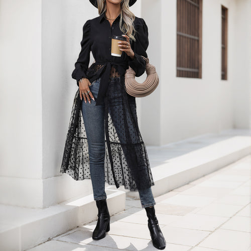 Damen elegantes Maxikleid mit transparenter Überlagerung und taillierbarem Gürtel EB