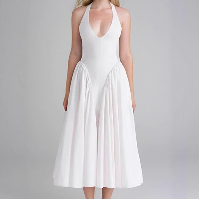 Damen Midikleid mit tiefem V-Ausschnitt und fließendem Rock EB