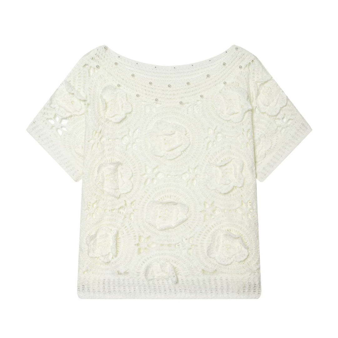 Damen Spitze T-Shirt mit luxuriöser Blumenstickerei und dekorativen Perlen EB