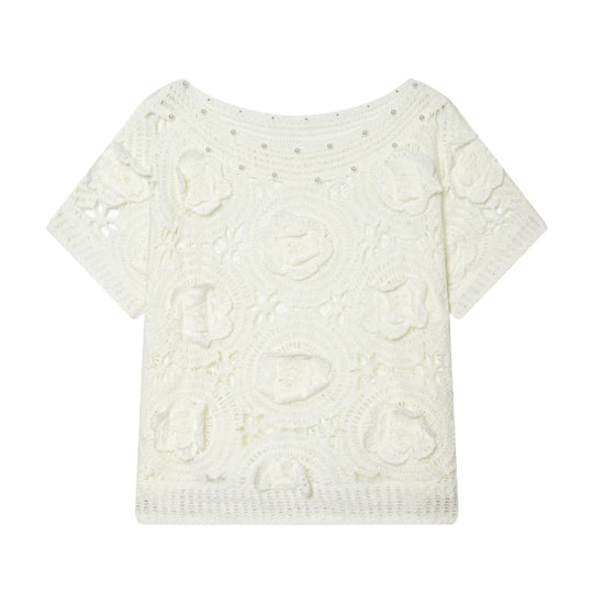 Damen Spitze T-Shirt mit luxuriöser Blumenstickerei und dekorativen Perlen EB