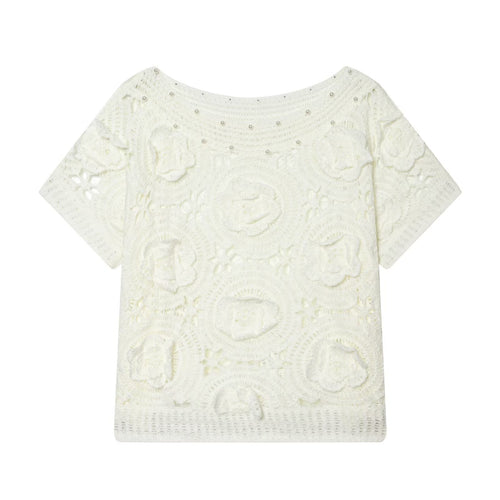 Damen Spitze T-Shirt mit luxuriöser Blumenstickerei und dekorativen Perlen EB