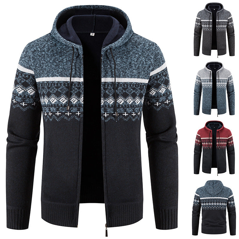Herren nan gefütterte Strick-Zipjacke im Norwegerstil mit Kapuze und Thermofleece EB