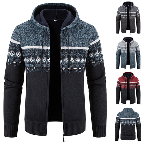 Herren nan gefütterte Strick-Zipjacke im Norwegerstil mit Kapuze und Thermofleece EB