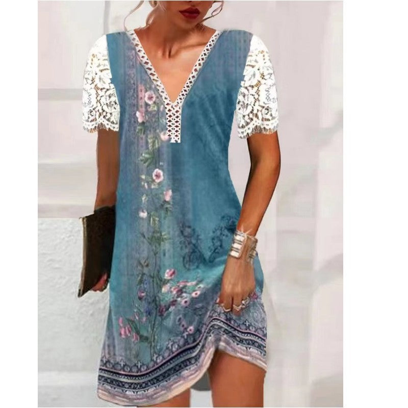 Damen Leichtes Sommerkleid mit Spitzenärmeln und floralem Design EB