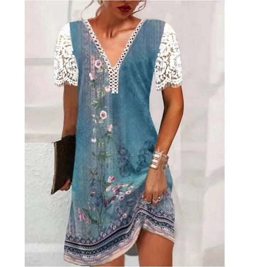 Damen Leichtes Sommerkleid mit Spitzenärmeln und floralem Design EB