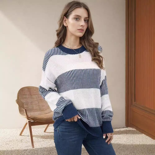 Damen gestreifter Strickpullover mit weitem Schnitt EB