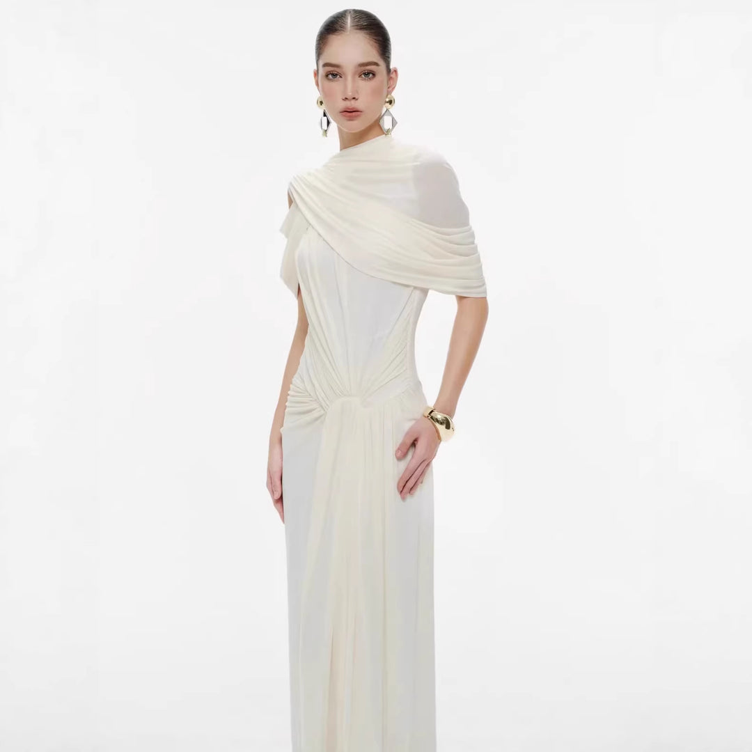 Damen elegantes Maxikleid mit innovativen Drapierungsdetails und asymmetrischem Oberteil EB