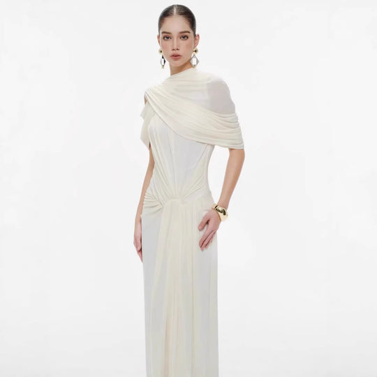 Damen elegantes Maxikleid mit innovativen Drapierungsdetails und asymmetrischem Oberteil EB