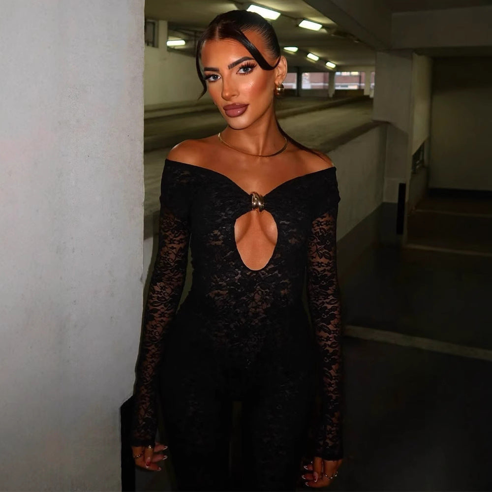 Damen Eleganter Lace-Bodysuit mit tiefem V-Ausschnitt und langen Ärmeln EB
