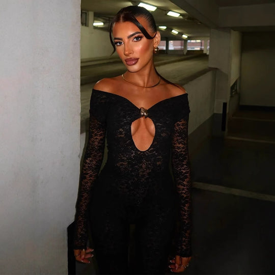 Damen Eleganter Lace-Bodysuit mit tiefem V-Ausschnitt und langen Ärmeln EB