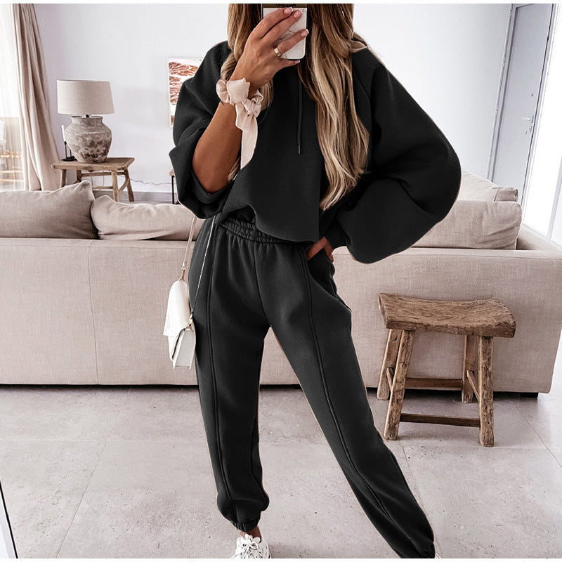 Damen kuscheliges Lounge-Zweiteiler-Set mit oversized Kapuzenpullover, Balloon-Ärmeln und taillierter Jogginghose EB