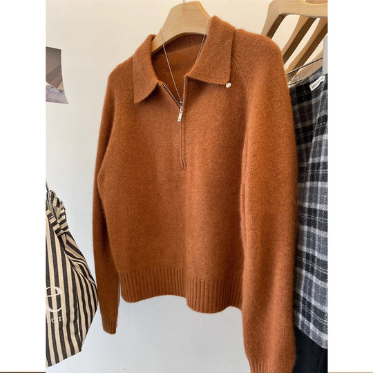 Damen Kuscheliger Pullover mit Stehkragen und kurzem Reißverschluss EB