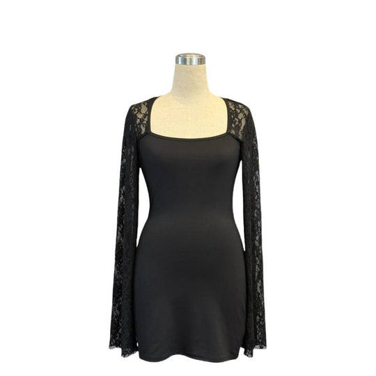 Damen Mini-Kleid mit transparenter Spitzenärmel und figurbetontem Schnitt EB