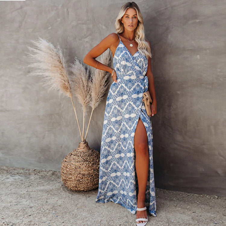 Damen elegantes Maxi-Kleid mit Chic-Wickel-design und seitlichem Schlitz EB