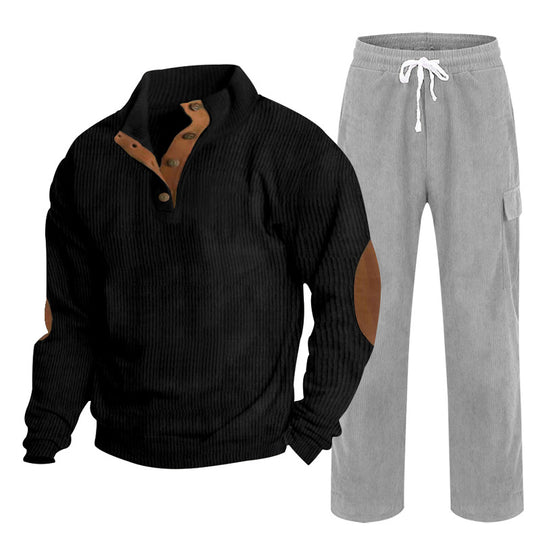 Herren nan strukturiertes Cord-Henley-Loungewear-Set mit Ellenbogenpatches und Cargo-Jogpant EB