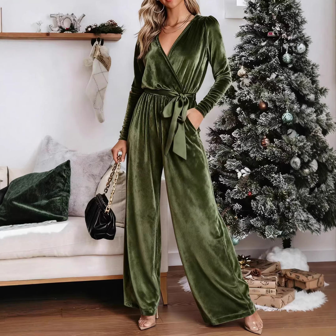 Damen Samt‑Jumpsuit mit Wickel‑V‑Ausschnitt, weitem Bein und Taillengürtel EB