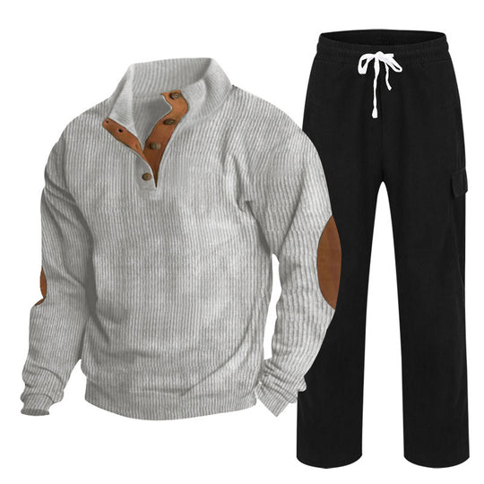 Herren nan Strick-Freizeitset mit Knopfleiste und Ellenbogenaufnähern sowie Cord-Cargohose EB