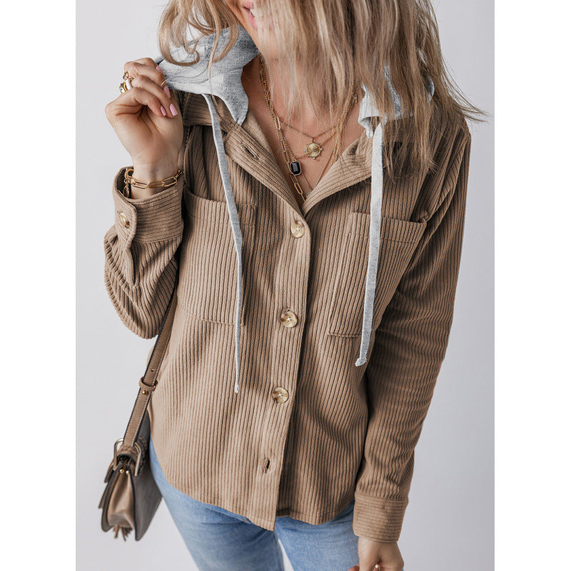 Damen lässige Hemdjacket mit Kapuze und seitlichen Taschen EB