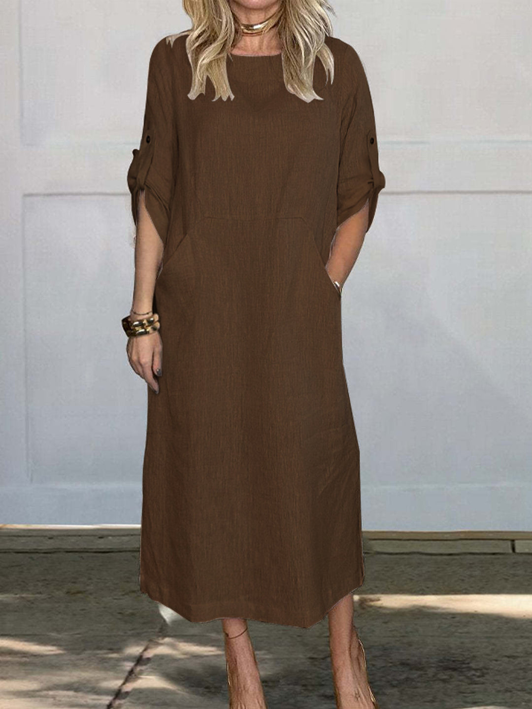 Damen lässiges Maxikleid mit praktischen Taschen und hochgekrempelten Ärmeln EB