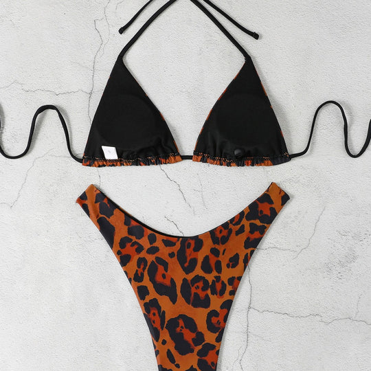 Damen Triangel-Bikini mit hochgeschnittenem Unterteil und animalischem Muster EB