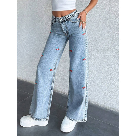 Damen Weit geschnittene Jeans im fruchtigem Stickdesign EB