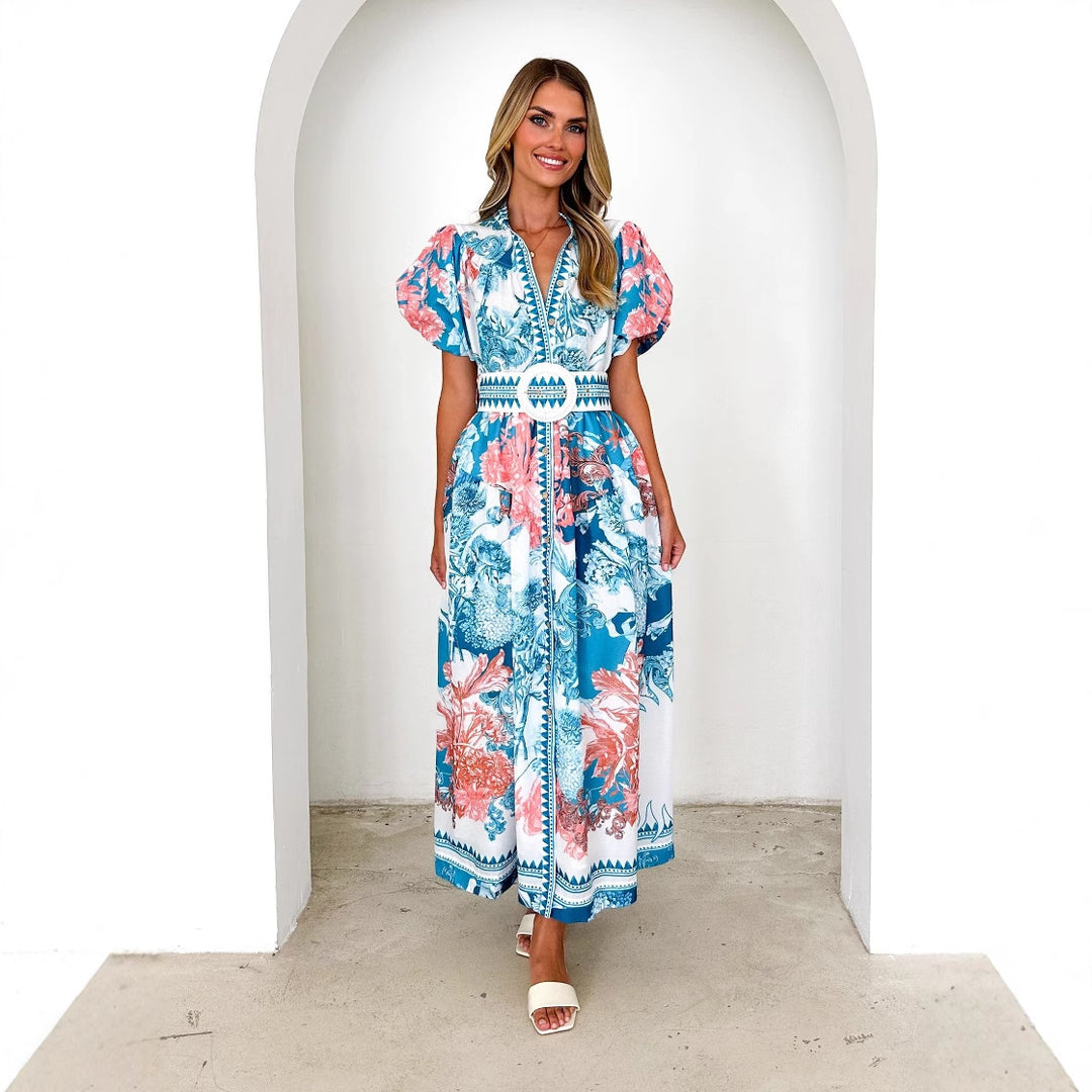 Damen Maxikleid mit voluminösen Puffärmeln und zartem Blumenmuster EB