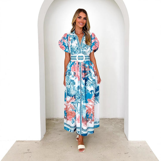Damen Maxikleid mit voluminösen Puffärmeln und zartem Blumenmuster EB